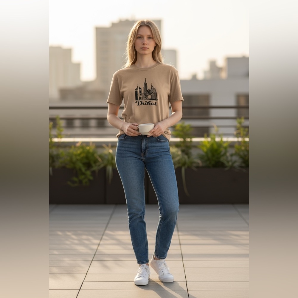Dubai Cute Unisex Short Sleeve T-Shirt. Medium. Brown.